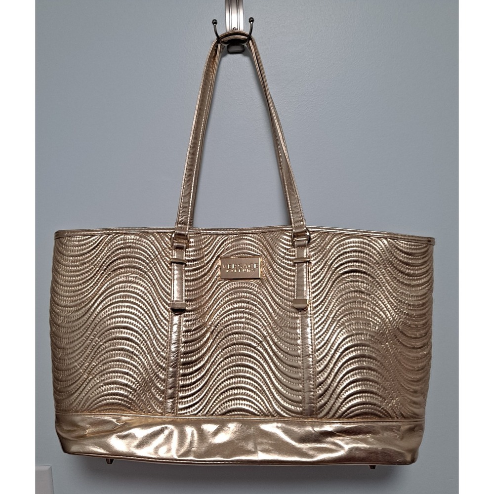 Versace Parfums Gold Ribbed Magnetic Clasp Weekender Travel Tote Large Bag